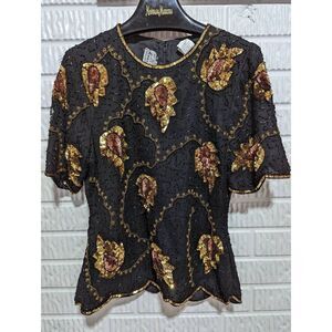 Stenay Women's Black & Gold Stud & Sequined Short-SLeeve Blouse Top Size S NWT